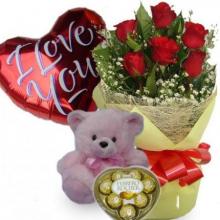 Ferrero Rocher, Teddy Bear, 6 Red Roses and Mylar Balloon